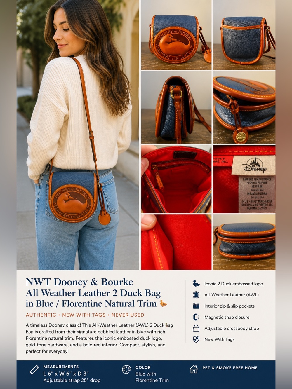 Dooney & Bourke AWL 2 Duck Crossbody Bag Blue Florentine Trim NWT